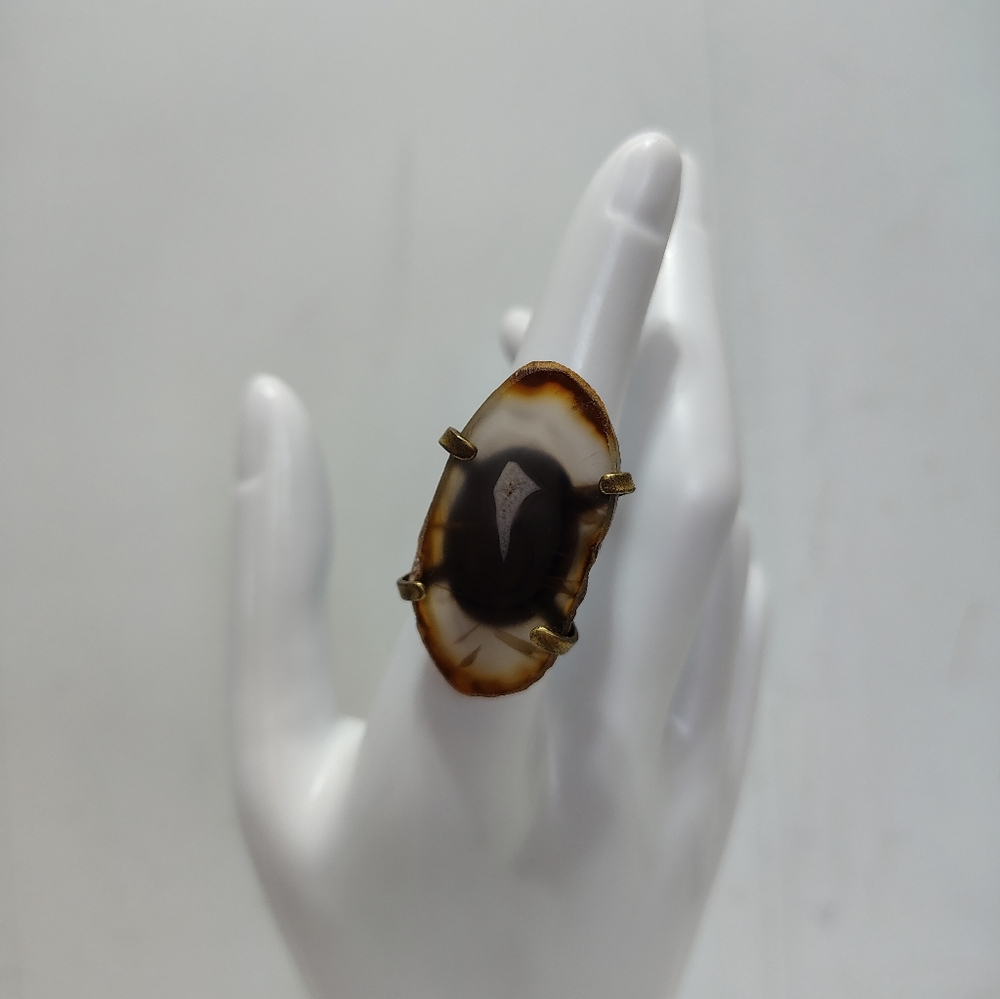 Y2K Oval Stone Statement Ring Adjustable Gold Tone Costume Jewelry
